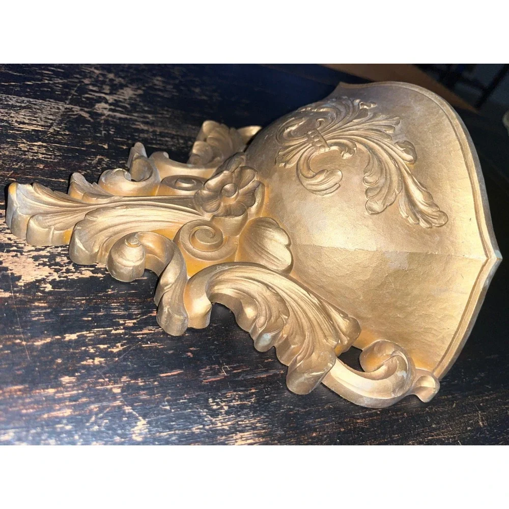 Vintage Gold Ornate Wall Pocket Shelf Scrolled Fleur De Lis Decorative Corbel